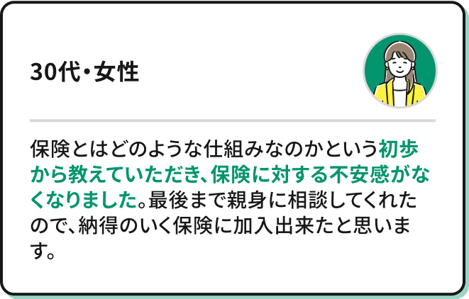 子供の教育資金に夫の万が一の備えは充実させたい。でも保険料の負担は減らしたい。無理な相談かなと思っていたのですが、提案いただいた内容はとても納得できて、しかも保険料まで下がって、相談して大満足でした。（20代・女性）