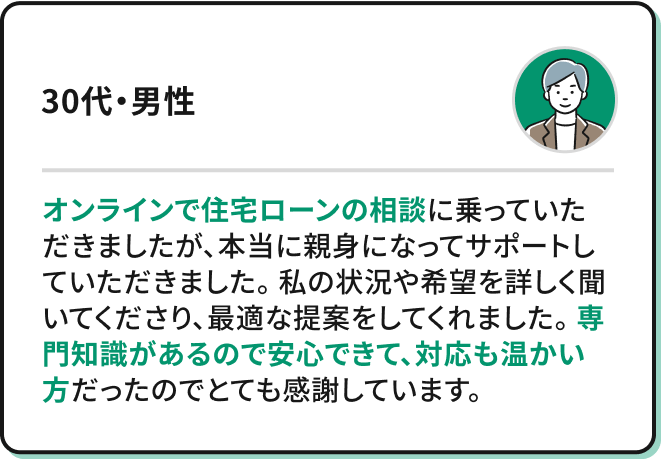 オンラインで住宅ローンの相談に乗っていただきましたが、本当に親身になってサポートしていただきました。 私の状況や希望を詳しく聞いてくださり、最適な提案をしてくれました。 専門知識があるので安心できて、対応も温かい方だったのでとても感謝しています。（30代・男性）