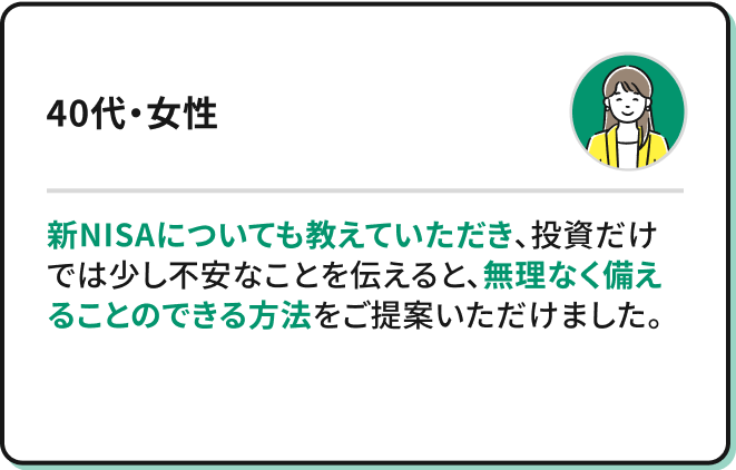 新NISAについても教えていただき投資だけでは少し不安なことを伝えると、無理なく備えることのできる方法をご提案いただけました。（40代・女性）